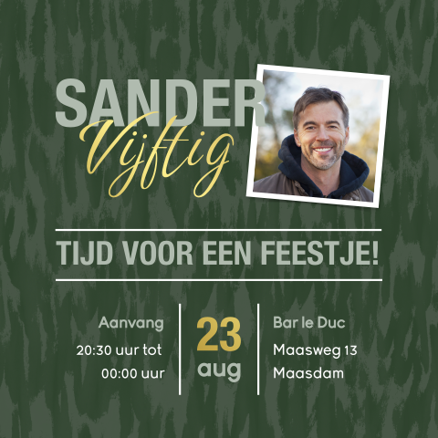 Stijlvolle groene verjaardagsuitnodiging 50 met foto en goudfolie