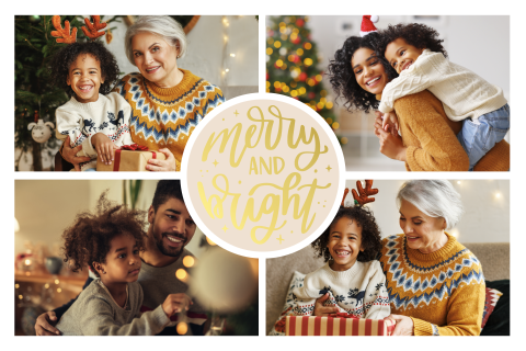 Kerstkaart met fotocollage en goudfolie