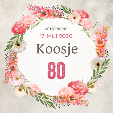 Stijlvolle uitnodiging tachtig met bloemen