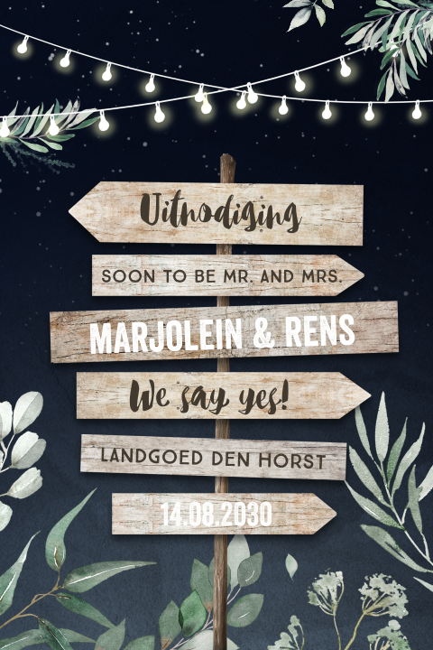 Botanische trouwkaart met wegwijzer en lichtslinger