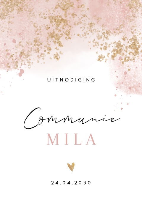 Communie uitnodiging met roze watercolour en goudspetters