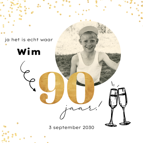 Verjaardagsuitnodiging 90 met gouden confetti