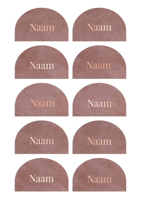 Naamkaartjes bruiloft boogvorm in velvetlook met roségoudfolie