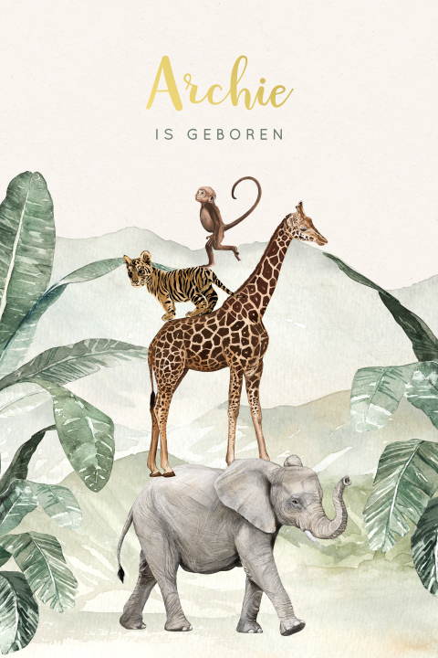 Avontuurlijk geboortekaartje jongen jungle dieren goudfolie