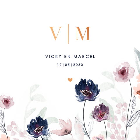 Floral trouwkaart met monogram en koperfolie