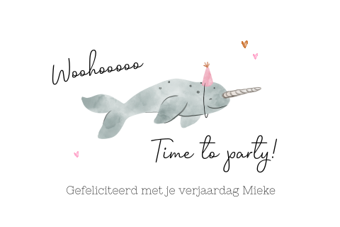 Lieve verjaardagskaart met narwal en hartjes