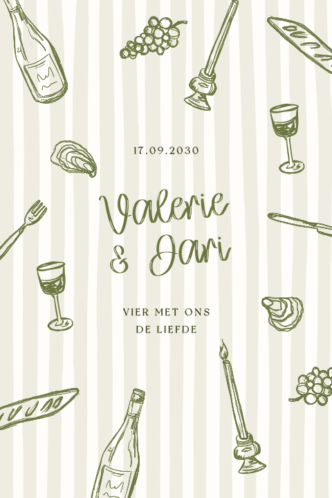 Trouwkaart in groen met strepen en getekende illustraties