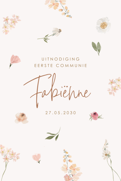 Communie uitnodiging meisje met lentebloemen 