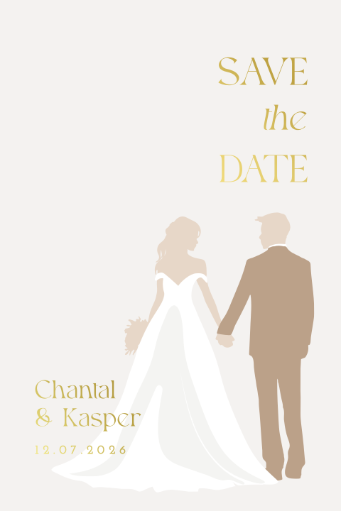 Stijlvolle save the date bruiloft met silhouet en goudfolie