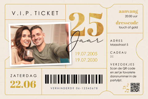 Originele ticketuitnodiging 25-jarig huwelijksfeest