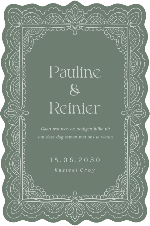 Vintage trouwkaart in oudgroen met geschulpte randen en kanten details
