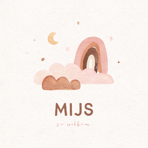 Lief geboortekaartje met wolkjes en regenboog voor meisje