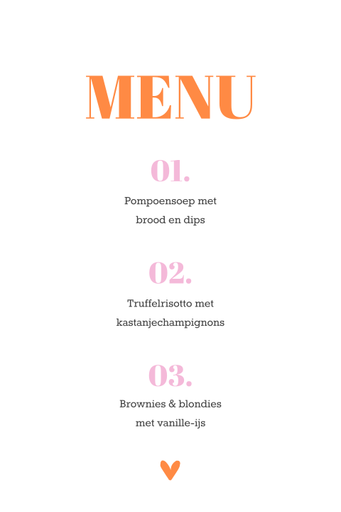 Menukaart colourblocking 21 diner oranje/roze