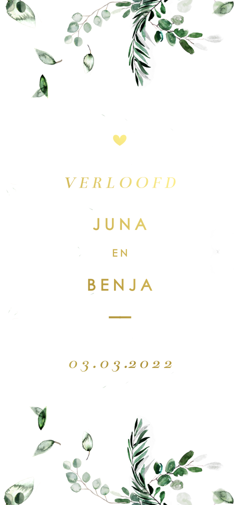 Botanische verlovingskaart met eucalyptus en goudfolie