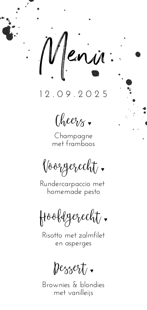 Twenty one dinner menukaart met spetters