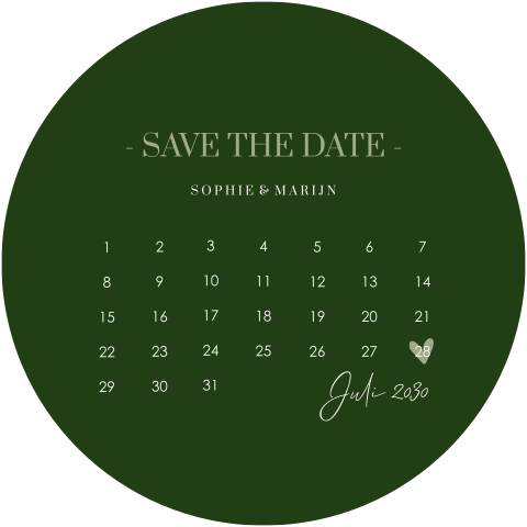 Ronde Save the Date kaart in donkergroen