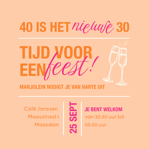 Vrolijke uitnodiging verjaardag 40 jaar met colorblocking en champagneglazen