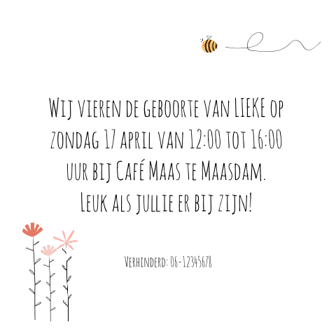 Lief kraamborrelkaartje met bloemen en bijtje