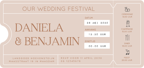 Uitnodiging bruiloft ticket wedding festival beige