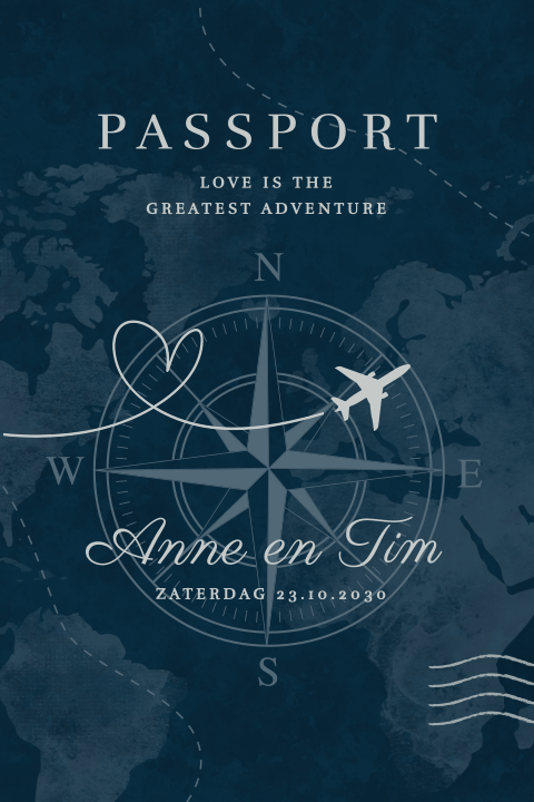 Paspoort trouwkaart blauw met kompasroos
