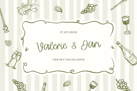 Trouwkaart groen gestreept met illustraties en speels karakter