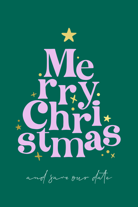 Kerst save the date met typografische kerstboom met goudfolie