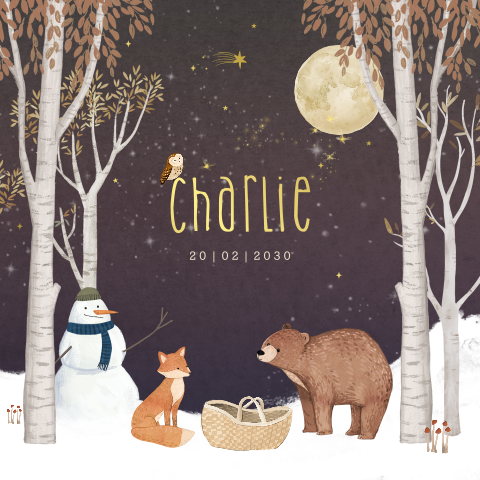 Winter geboortekaartje met bosdieren en goudfolie