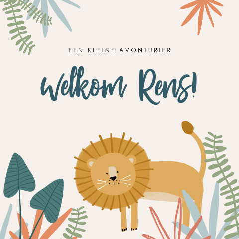 Felicitatiekaart geboorte zoontje met illustratie van leeuw in jungle