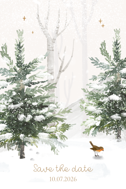 klassieke kerst save the date met kerstbomen