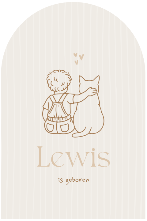Beige geboortekaartje met lijntekening en kat