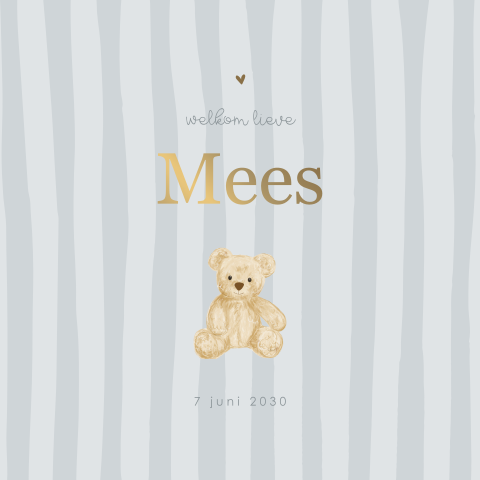 Blauw gestreept geboortekaartje met teddybeer en goudfolie