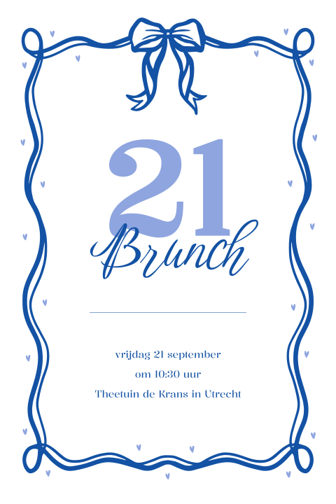 Uitnodiging 21 brunch met blauwe strik