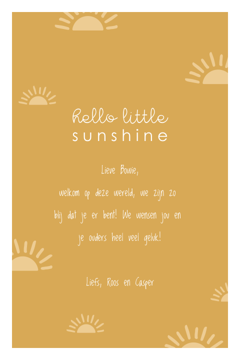 Wenskaart geboorte in zonnig geel met vrolijke zonnetjes
