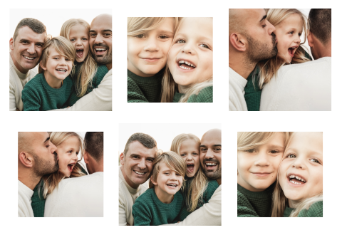 Speelse set van 6 foto's voor aan de muur
