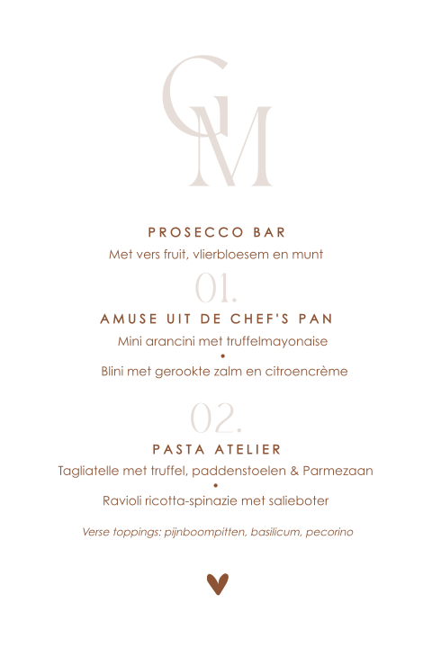 Menukaart bruiloft ovaal met initialen en hartje