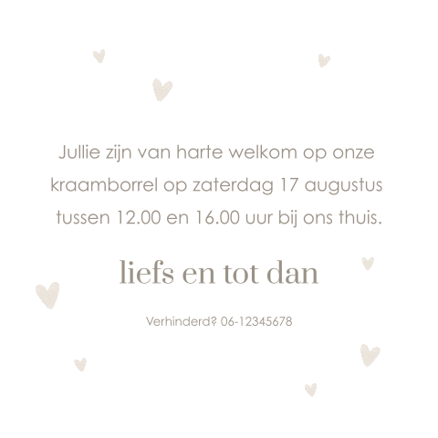Klein kraamborrelkaartje met zandkleurige hartjes
