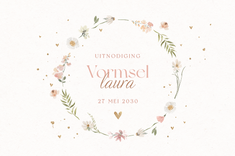 Uitnodiging vormsel met bloemenkrans en hartjes