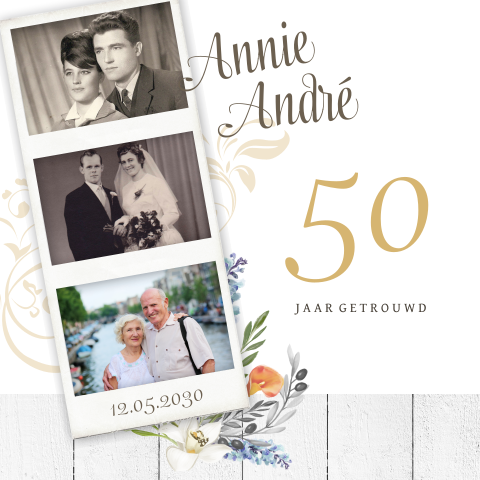 Uitnodiging met polaroid huwelijksfeest 50 jaar getrouwd