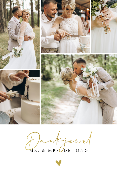 Bedankkaart bruiloft met fotocollage en goudfolie