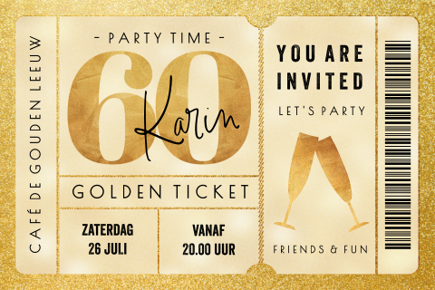 Gouden ticket verjaardagsuitnodiging voor 60 jaar