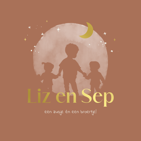 Geboortekaartje voor tweeling met silhouetjes en goudfolie