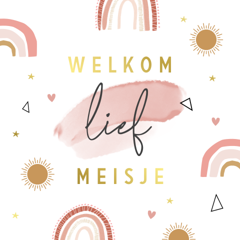 Wenskaart geboorte meisje met regenboogjes en goudfolie