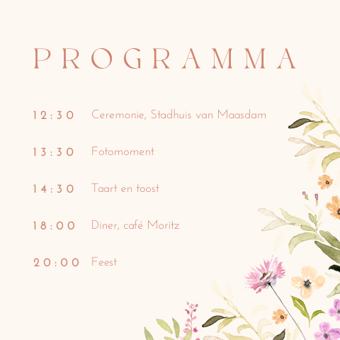 Programmakaartje bruiloft met romantische veldbloemen