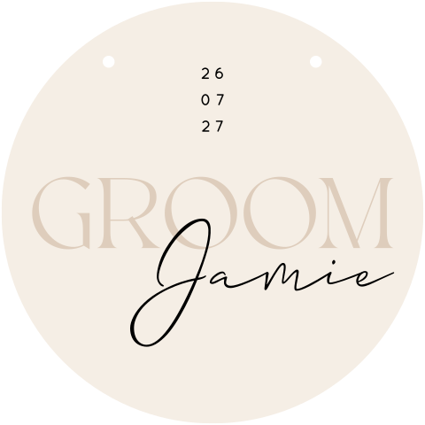 Stoelbordje bruiloft rond in neutrale kleuren "Groom"