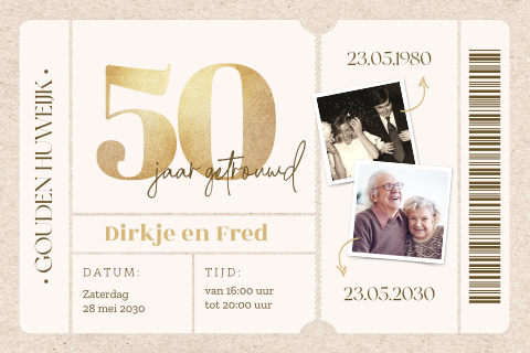 Stijlvolle uitnodiging gouden bruiloft ticket in beige met foto's