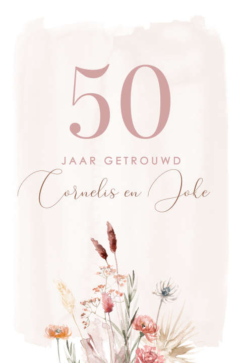 Uitnodiging gouden huwelijk met trendy droogbloemen en watercolour