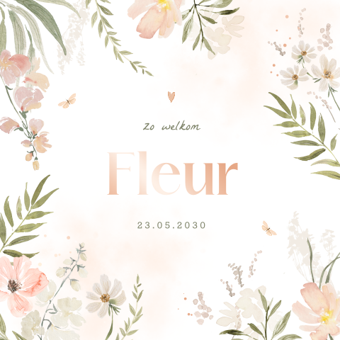 Geboortekaartje meisje met romantische bloemen en roségoudfolie