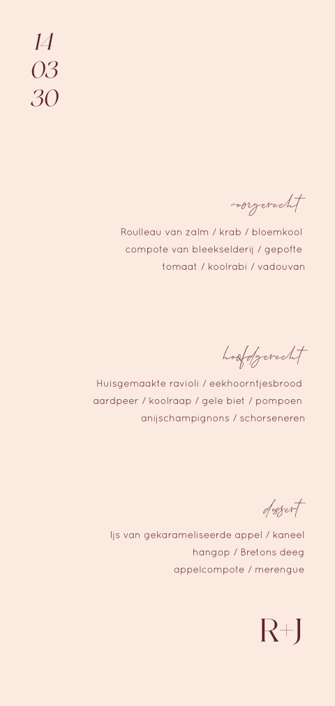 Stijlvolle menukaart bruiloft langwerpig in cherry kleur