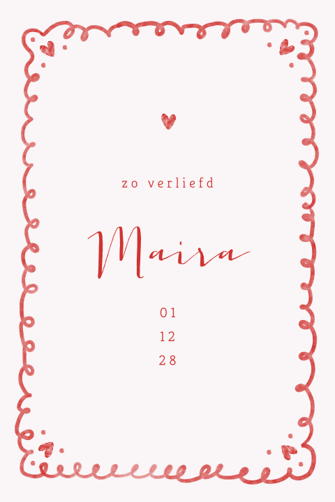 Geboortekaartje meisje met handgemaakte look en hartjes kader