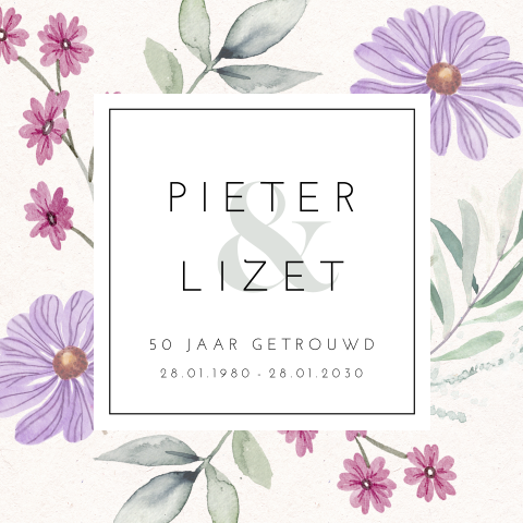Uitnodiging gouden huwelijk met kader en paarse bloemetjes